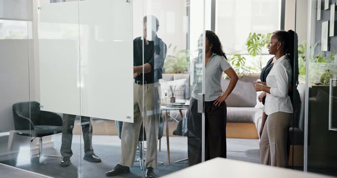 Business people, creative team and planning with whiteboard in office for brainstorming ideas. Group, employees or discussion with staff for project schedule, agenda or work delegation in workplace