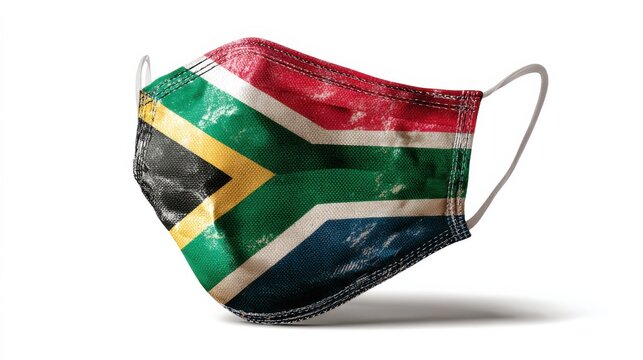 Mask with South African flag design displayed on a plain background during a health awareness event in 2021