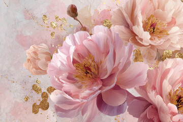 Luxurious abstract pink watercolor floral background with golden glitter and blooming peonies