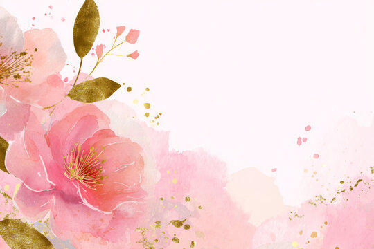 Luxurious abstract pink watercolor floral background with golden glitter and blooming peonies