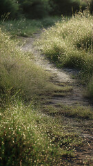 Obraz premium A serene morning walk reveals a quiet path adorned with subtle dew and fresh greenery Generative AI