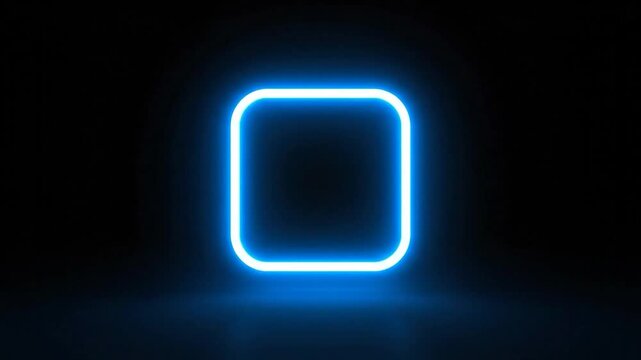 A glowing blue neon wireframe cube with rounded edges against a dark background, abstract