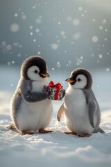 Fototapeta premium Two adorable penguins share a wrapped gift with a red bow in a snowy landscape. Perfect for Christmas cards, kids designs, holiday advertising, social media posts, banners, and stock illustrations.