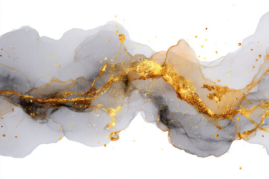 Luxurious abstract silver and grey watercolor background with flowing golden glitter veins