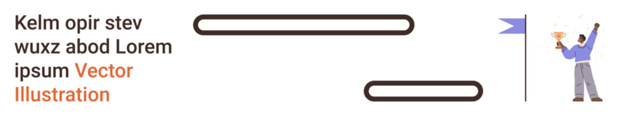 Business marketing, communication design, teamwork, branding, education, web development. Clean banner with text and a character holding a flag. Business marketing and communication design concepts