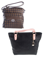 A small handbag with a textured front flap, a short shoulder strap, and a butterfly-shaped metal detail on the front.	
