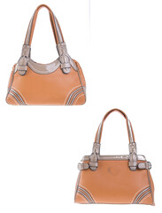 A small handbag with a textured front flap, a short shoulder strap, and a butterfly-shaped metal detail on the front.	
