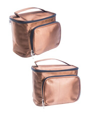 A small handbag with a textured front flap, a short shoulder strap, and a butterfly-shaped metal detail on the front.	
