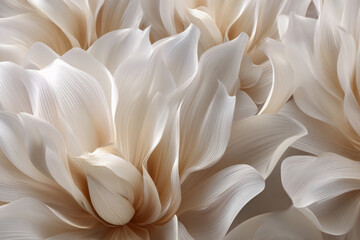 Beautiful abstract background with delicate white and beige 3D lotus petals in a soft glowing atmosphere
