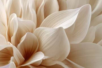 Beautiful abstract background with delicate white and beige 3D lotus petals in a soft glowing atmosphere