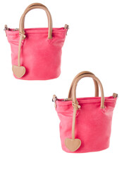 A small handbag with a textured front flap, a short shoulder strap, and a butterfly-shaped metal detail on the front.	
