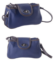 A small handbag with a textured front flap, a short shoulder strap, and a butterfly-shaped metal detail on the front.	
