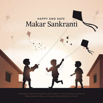 Makar Sankranti Poster design with child flying kite and cityscape. Makar Sankranti is a Hindu harvest festival celebrated across India. Creative vector illustration.