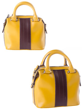 A small handbag with a textured front flap, a short shoulder strap, and a butterfly-shaped metal detail on the front.	
