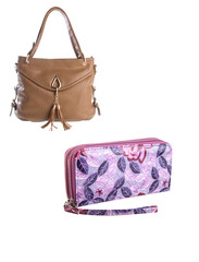 A small handbag with a textured front flap, a short shoulder strap, and a butterfly-shaped metal detail on the front.	

