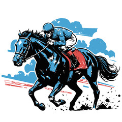 Dynamic Horse Racing Illustration. Jockey on Galloping Stallion in Distressed Pop Art Style. Equestrian Sports Vector Graphic.