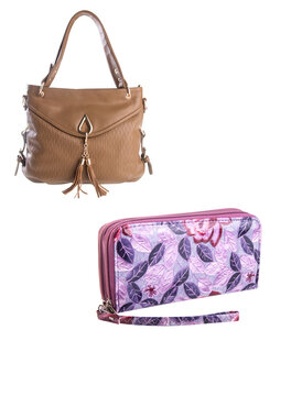 A small handbag with a textured front flap, a short shoulder strap, and a butterfly-shaped metal detail on the front.	
