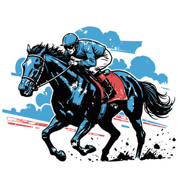Dynamic Horse Racing Illustration. Jockey on Galloping Stallion in Distressed Pop Art Style. Equestrian Sports Vector Graphic.