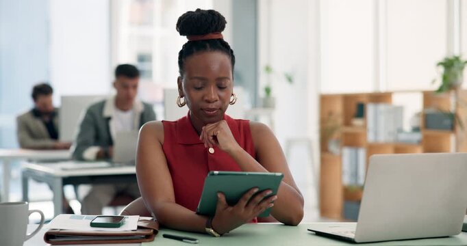 Media agency, thinking and woman in office, tablet and planning with website blog. Person, copywriting and journalist in workplace, tech and magazine editor with submission, app or online publication