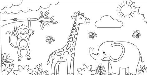 Obraz premium A fun jungle scene with monkey giraffe and elephant friends playing