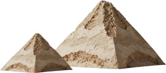 Two weathered ancient stone pyramid structures one larger than the other exhibit rough exposed brickwork beneath eroded sandy casing material under bright illumination Desert Architecture