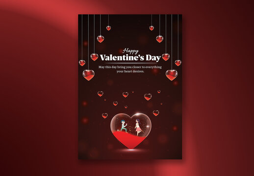 Editable Happy Valentine&rsquo;s Day Card Template with Romantic Boy Proposing to His Girlfriend Inside a Glass Heart on Dark Heart-Filled Background.