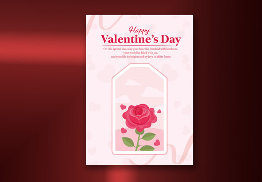 Editable Happy Valentine&rsquo;s Day Greeting Card Template with Message Text and Red Rose Flower on Pastel Pink Background.
