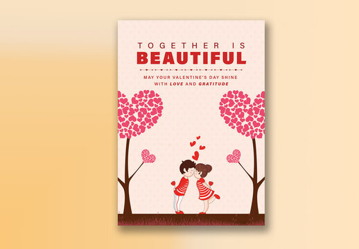 Editable Happy Valentine&rsquo;s Day Card Template with Illustration of a Kids Couple Kissing Near Trees of Pink Hearts on Beige Background.