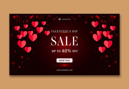 Editable Valentine&rsquo;s Day Sale TV Ads Banner with Up to 40 Percent Off and Red Hearts Hang on Black Background.