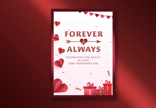 Editable Happy Valentine&rsquo;s Day Greeting Card Template with Message Text, Red Paper Hearts and Gift Boxes on White Background.
