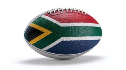 Rugby ball with South African flag design displayed on a plain background for sports fans and collectors