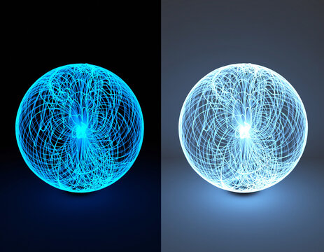 A blue fingerprint scan vector illustration forms a 3d energy sphere resembling a digital planet or medical cell pattern with glowing plasma light - Powered by Adobe