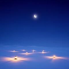 Glowing lanterns in serene snowy landscape under crescent moon