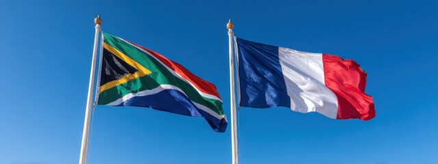 Flags of South Africa and France flying together under a clear blue sky during a sunny day