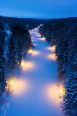 Snowy forest road with glowing lights at dusk or dawn