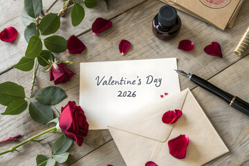 Red roses and Valentine's Day card with fountain pen and inkwell on wooden table full hd 4k stock image download