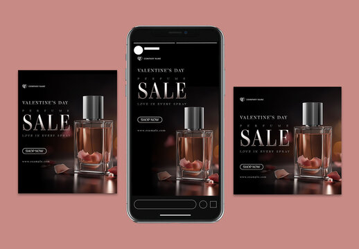 Editable Valentine&rsquo;s Day Perfume Sale Social Media Post and Story Template Set with Luxury Fragrance Bottle on Dark Background.