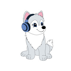 Cute cartoon husky puppy wearing blue headphones isolated on white background.