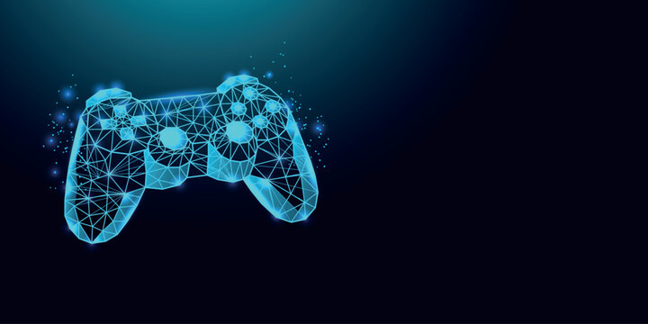 Low poly wireframe game controller on dark blue background.