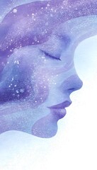 Fototapeta premium Meditating woman’s ethereal face blooms from cosmic waves a serene spiritual illustration