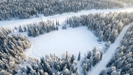 Aerial View of Snowy Forest Lake Landscape.