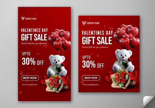 Editable Valentine&rsquo;s Day Gift Sale with Teddy Bears Social Media Post and Story Template Set with 30 Percent Discount Offer in Red Color Design.