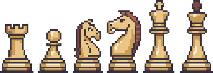 Pixel art chess pieces icon set featuring king queen rook bishop knight pawn strategy board game retro design © Creative Asif