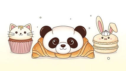 Obraz premium Delightful pastries shaped like a cat, panda, and bunny, perfect for animalthemed events, bakery menus, and whimsical food designs.