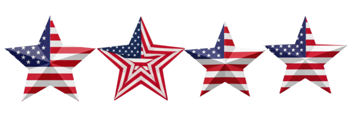 Set of four USA flag stars, patriotic American national symbols, United States star shape decorations, isolated on white background, 3D render, holiday PNG.