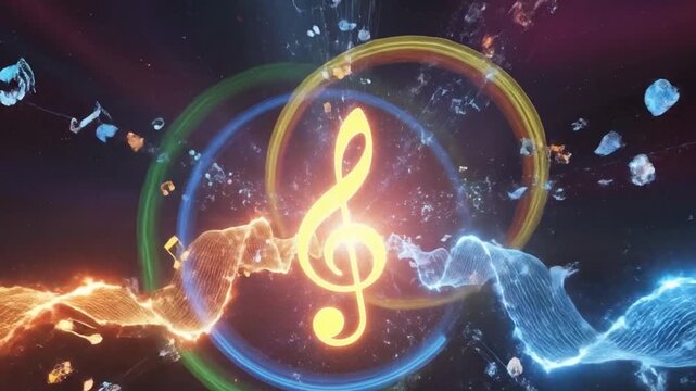 Music note centralized in a vivid abstract swirling energy display.