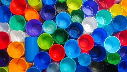 Overhead shot of an array of multicolored plastic cups or pots of various sizes