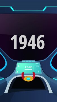 Time travel cockpit with futuristic animation jump to the year 1946 vertical. Ideal for content creators, tech presentations, future concepts, and cinematic video projects.