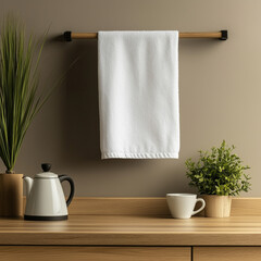 Minimal mockup of a white kitchen towel with subtle texture hanging straight from a wooden wall rail above a beech colored countertop against a dark beige wall, clean and modern interior style.