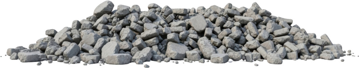 A substantial mound of irregularly shaped light gray concrete rubble and broken construction debris piled together on a transparent background Rocks Demolition Material Waste Heap Aggregate